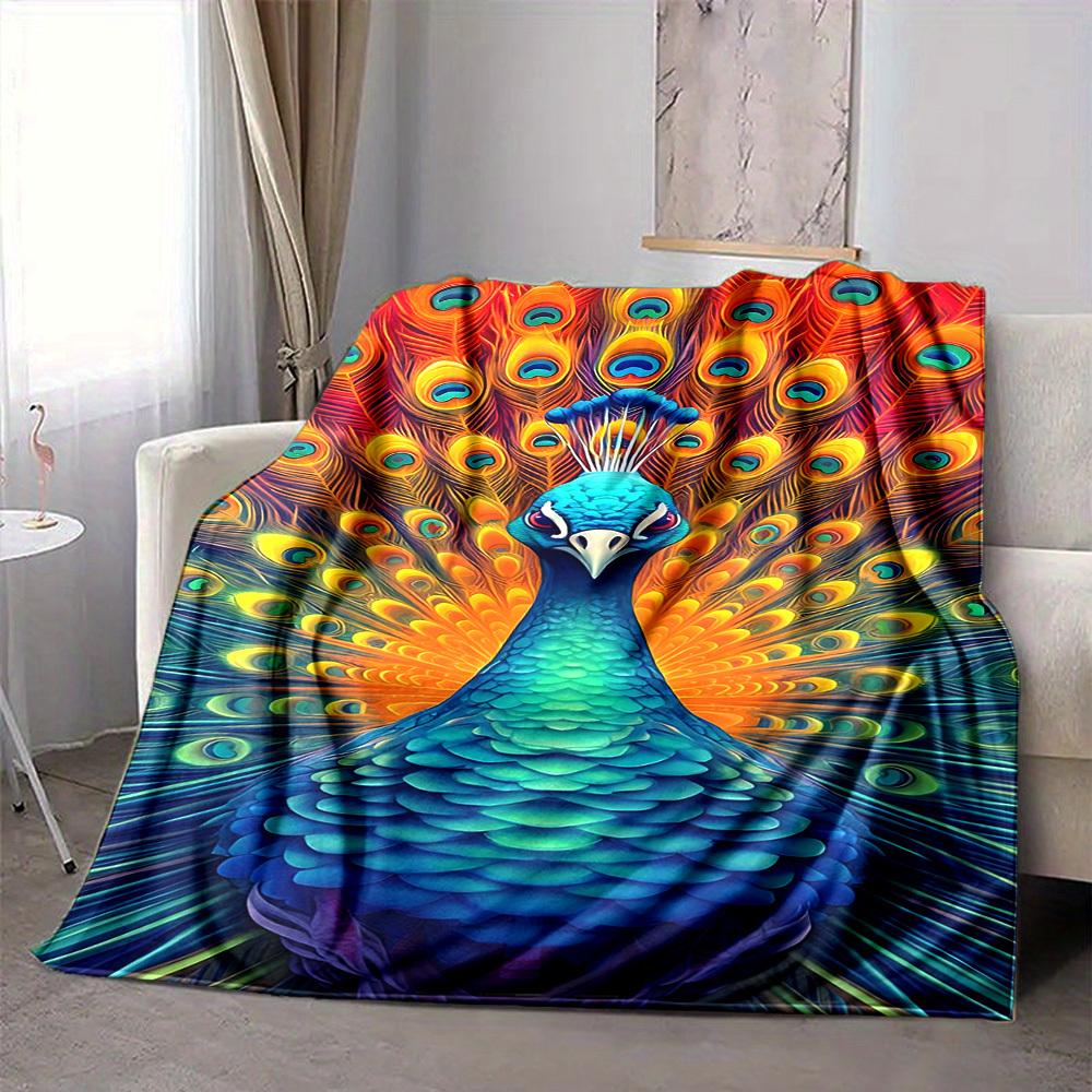 1pc Peacock Feather Blanket Lightweight Flannel Blanket Throw Blanket For Sofa, Bed, Travel, Camping, Livingroom, Office, Couch, Chair, And Bed yy2510