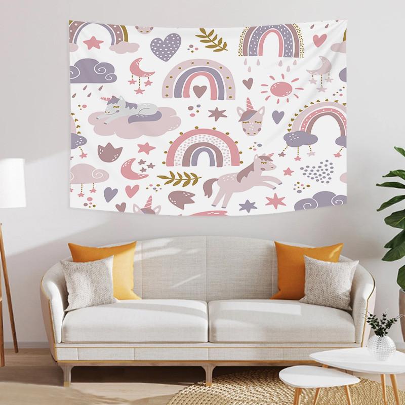 Cartoon Rainbow Unicorn Tapestry Cute Doodle Printed Pattern Polyester Tapestry Wall Hanging Tapestries for Bedroom Dorm Decor