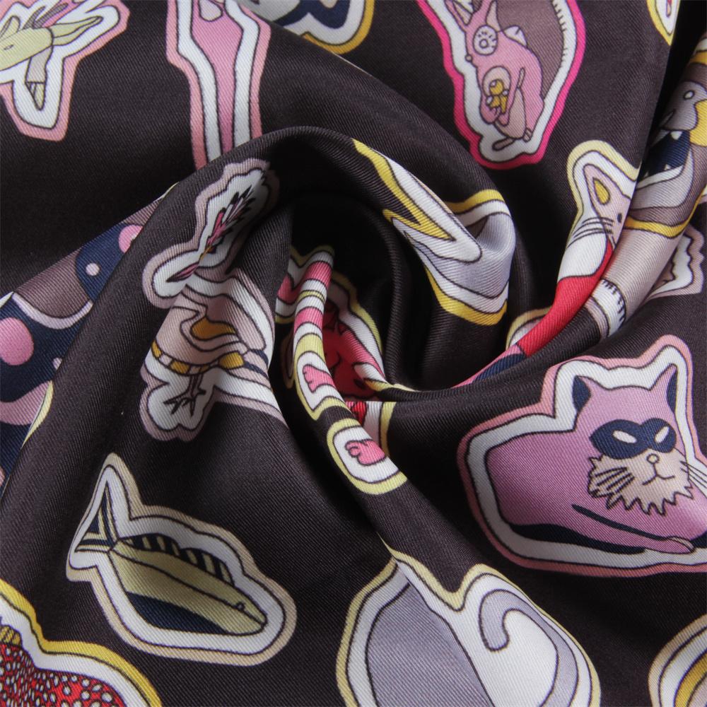 POBING Manual Hand Rolled Twill Silk Scarf Women Animals Double Print Square Scarves Wraps Echarpes Foulards Femme Hijab 90CM