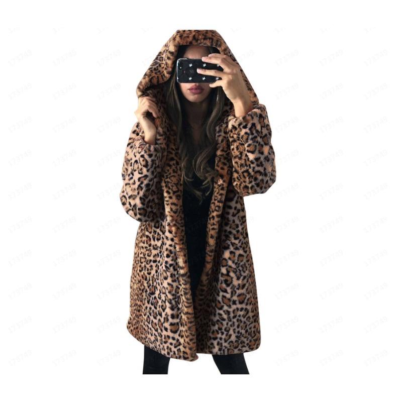 Winter Faux Fur Coat Hooded Leopard Print Luxury Warm Women Jackets Women's Coats Fashion Jacket