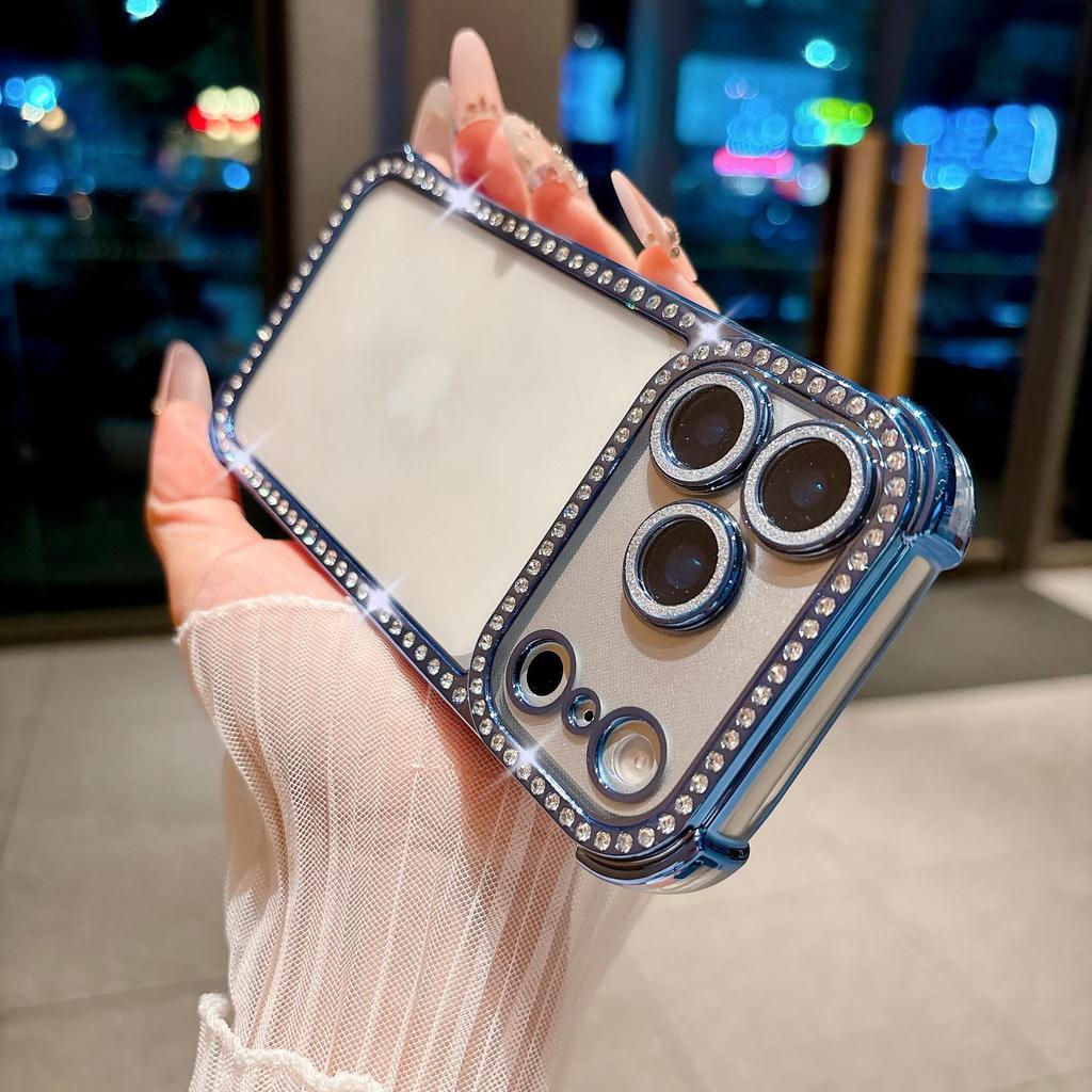 Apple 17 Pro Max Four-Corner Airbag Anti-Drop Instant Case for iPhone 16 with Rhinestone Glitter and Lens Film