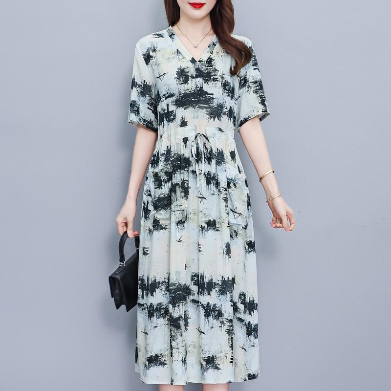 Elegantes Sommerkleid für Damen Vintage Kleidung Übergröße Lässig Kurzarm Langes Kleid