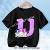 Kids Short Sleeve Clothing Gift KPop Demon Hunters T-shirt for Children Cartoon A-Z Letters Tee Top Black Round Collar Clothes