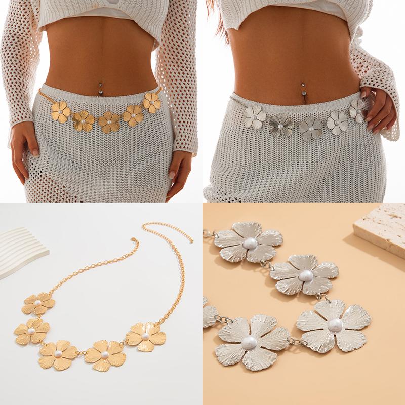Punk Vintage Imitation Pearl Starfish Flower Waist Chain For Women Girls Summer Beach Bikini Belt Versatile Body Chain Gifts