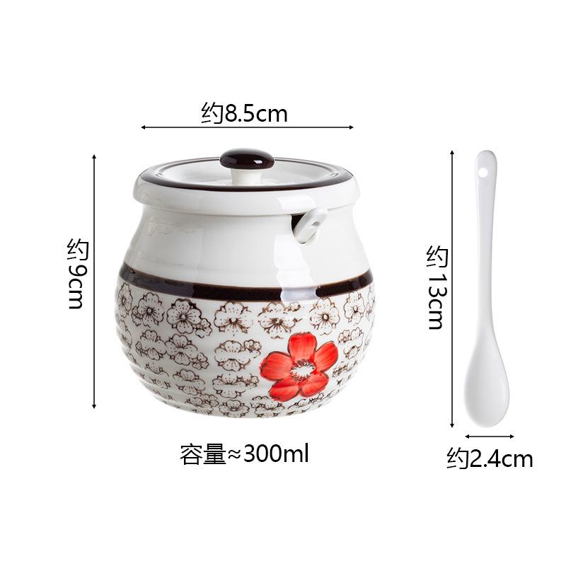Kitchen Ceramic Oil Tank Household High-temperature Resistant Chili Oil Tank with Lid Spoon Kitchen Spice Jar Seasoning Can