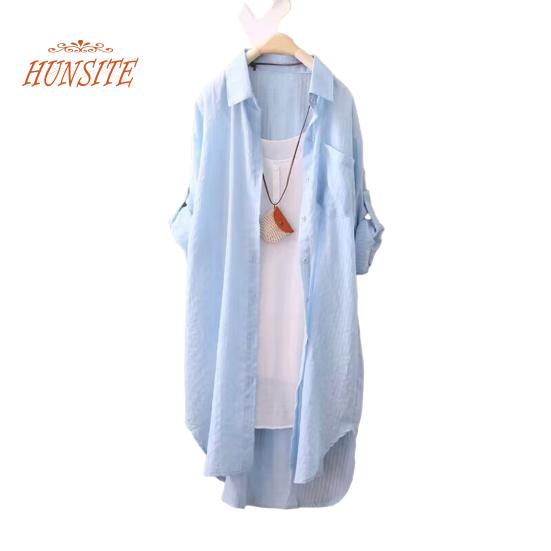 

Женская длинная рубашка с клетчатым принтом и рукавом три четверти, неровный подол, тонкий солнцезащитный крем с лацканами, свободный однобортный женский топ в корейском стиле M светло-синий