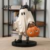 Handcrafted Resin Figures Cute Ghost Statue, Black Cat Holding Pumpkin Bucket Ornament, Whimsical Home Accessories Halloween Figurine for Holiday