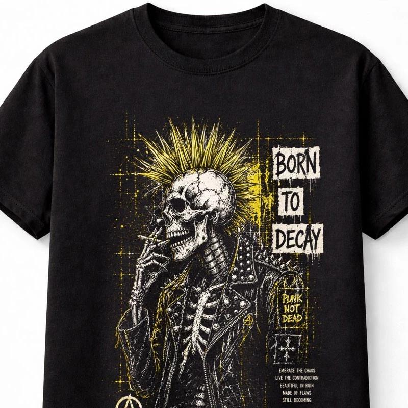 Born To Decay Punk Skull Mohawk Skeleton Graphic Unisex TShirt S