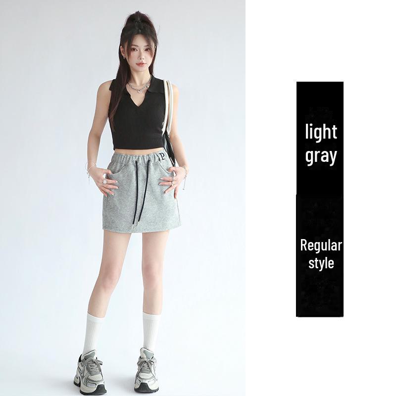 Women's Gray High-Waist A-Line Sports Skirt with Attached Shorts - Spring to Autumn Wear