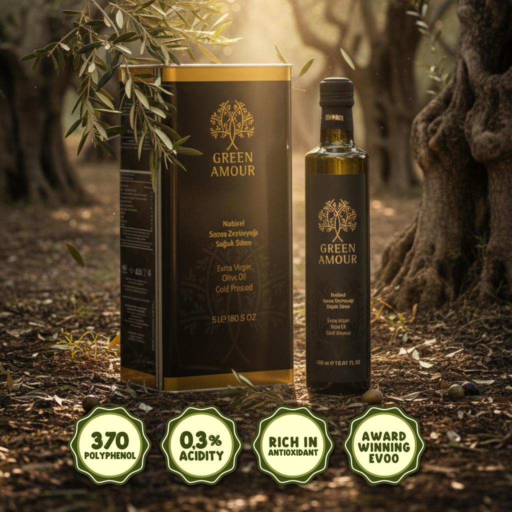 Green Amour Award-Winning EVOO Olive Oil – Cold Pressed, Low Acidity, High Polyphenols (New Harvest) – 5 L