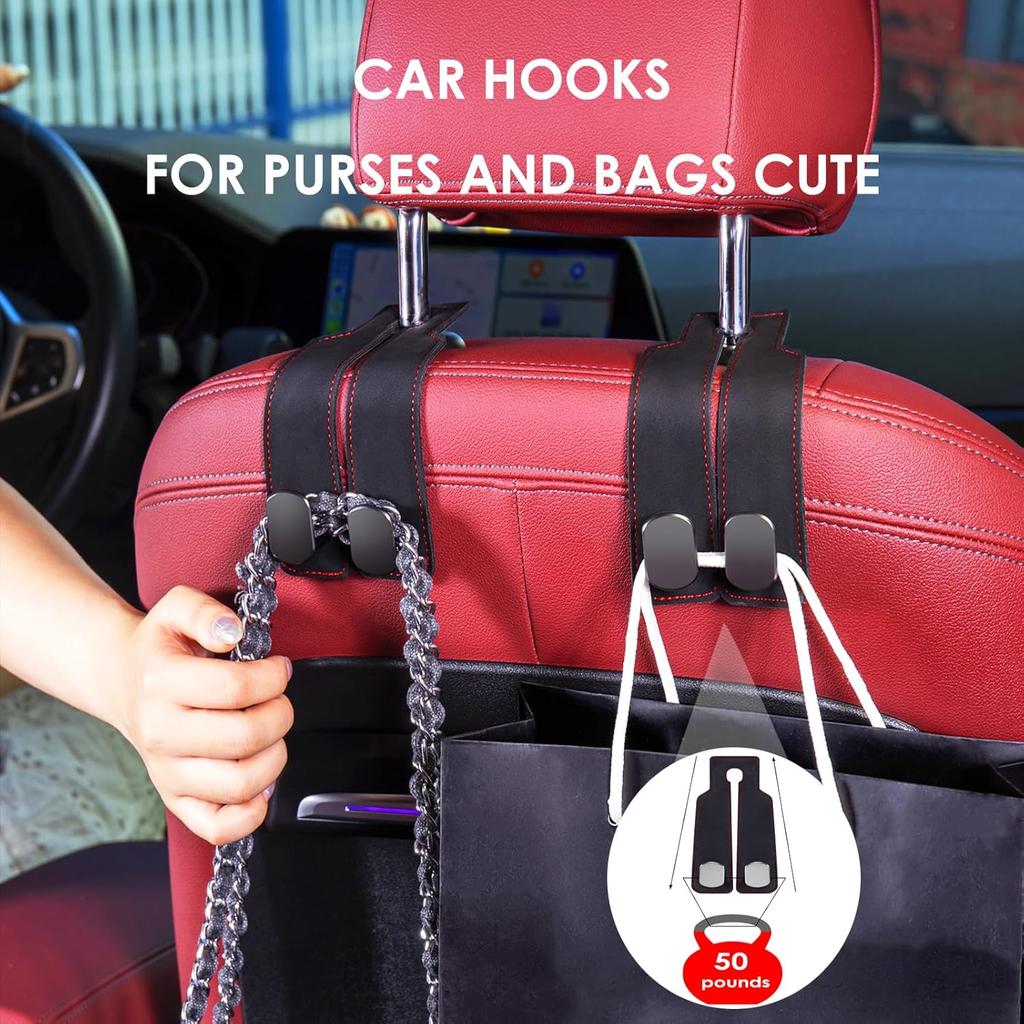 Purse Hook For Car, Thickened Leather Sturdy Metal Purse Holder For Car - Car Headrest Hangers, Bag Hooks For Car (Black - 2 Pack)
