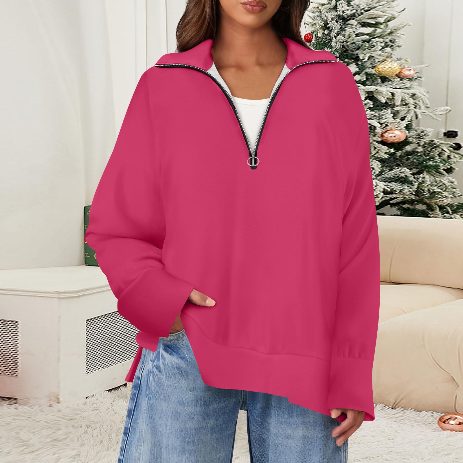 

Женский повседневный однотонный пуловер с застежкой-молнией на лацкане и боковыми разрезами, модная одежда XXXL красный