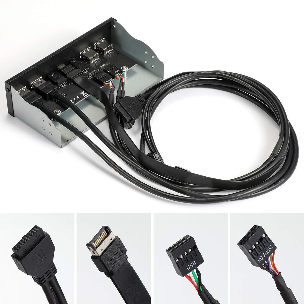 Mzhou USB Metal Front Panel Front 4 USB Ports Hub with 1 HD Audio 1 and 1 Microphone Input 2.0 + 3.0 Adapter, 5.25-Inch 19-Pin Panel, 3.0 Port, TPY-C