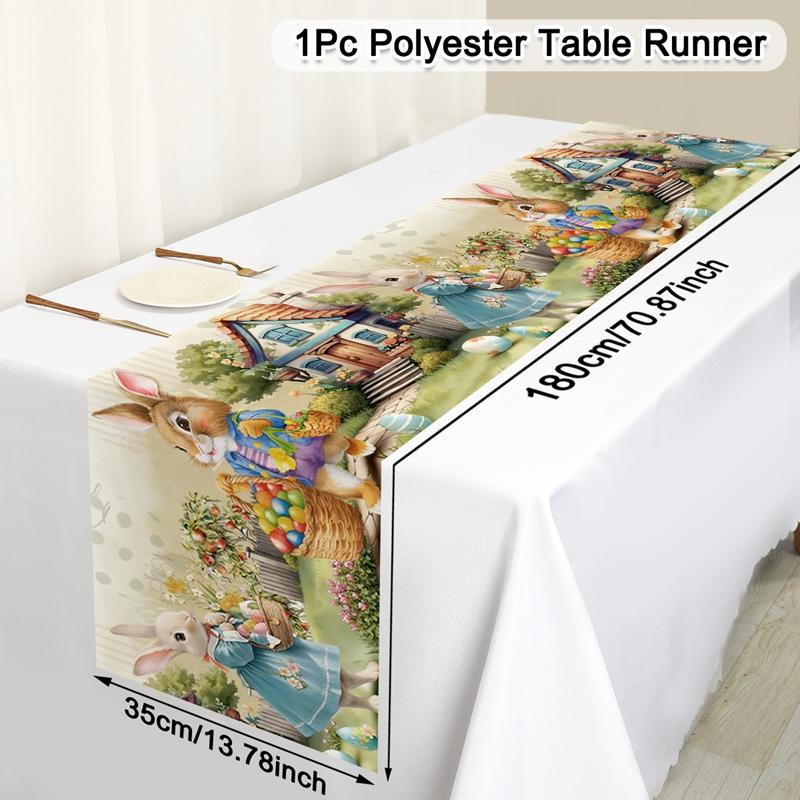 Vintage Easter Bunny Table Runner Polyester Rabbit Eggs Flower Table Flag Easter Decorations For Home Kitchen Dining Table Decor