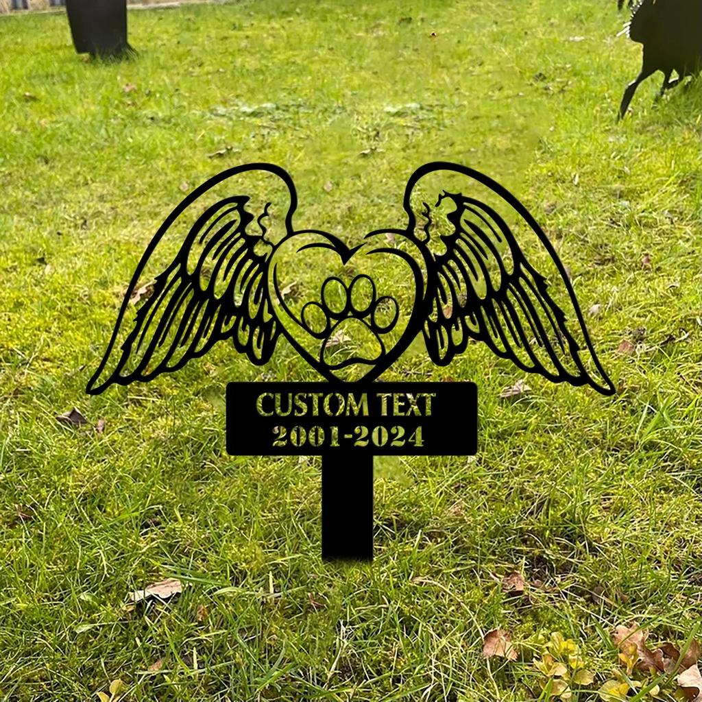 Pet Memorial Garden Stake, Metal Plaque with Angel Wings Paw Print, Grave Marker for Dog Cat, Personalized Gift