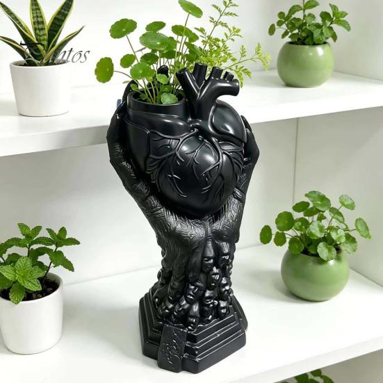 Anatomical Heart Planter Hand Holding Human Organ Vase, Gothic Shaped Succulent Plant Container Spooky Halloween Desktop Flower Pot for Living