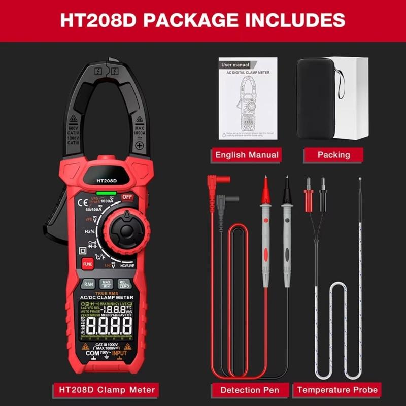 HT208D High Precised Clamp Meter Multimeter for Measuring Current Voltages and Frequency with Duty Cycle Functionality
