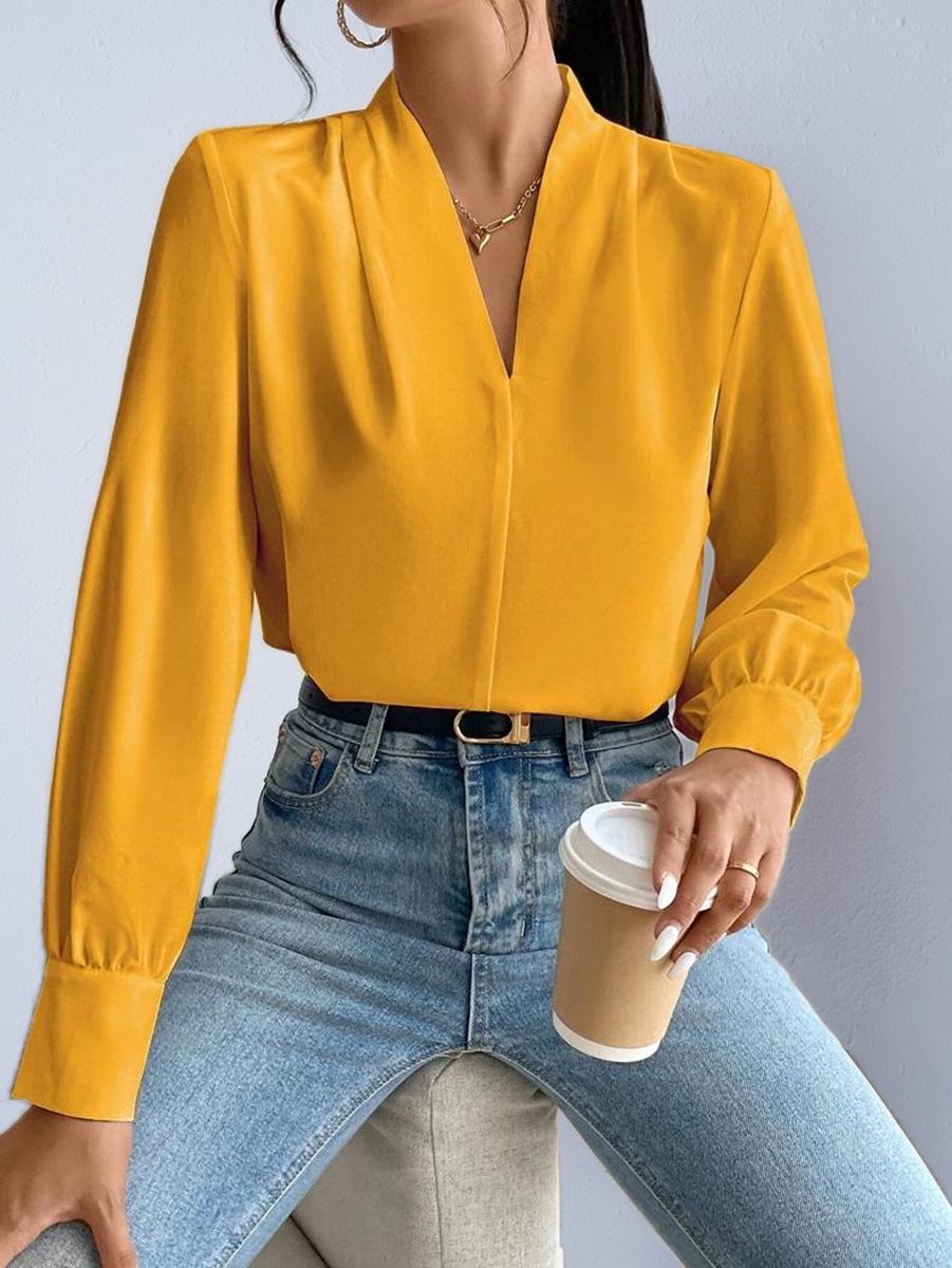 2025 Autumn European & American Women s Satin Loose V-neck White Blouse Extra Large жёлтый