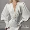 Vintage Classic Design V-neck Slim French Chiffon A-shaped Skirt Spring and Autumn Dress