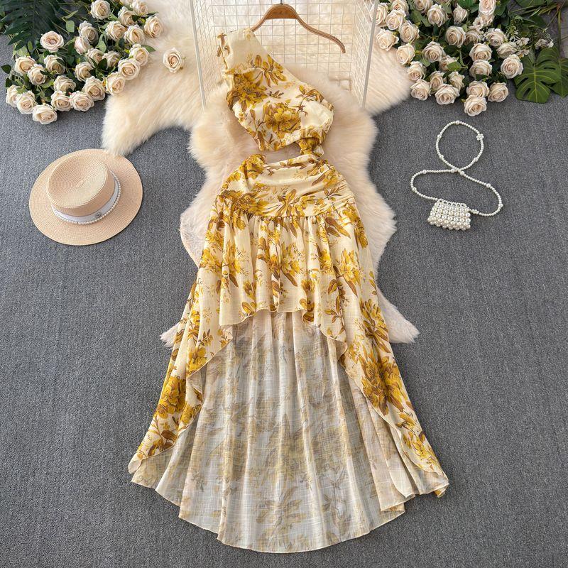 

Французская нарядная желтая юбка с цветочным принтом 2024 лето Новое поступление Нишевый дизайн Платье на одно плечо с асимметричным подолом Apricot bottom yellow Print L