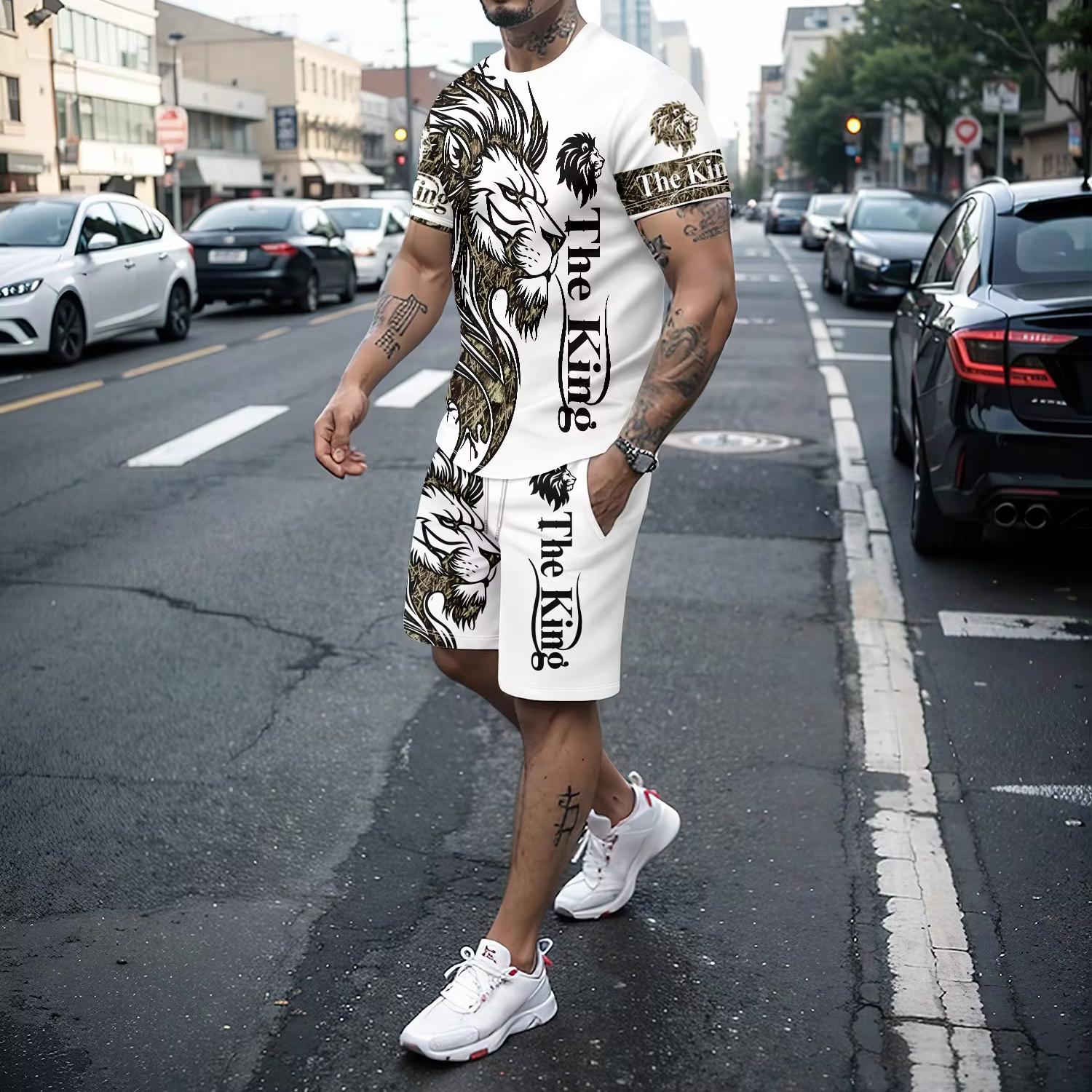 

Чоловіча біла футболка з короткими рукавами та шорти з 3D-принтом «риба-лев» спортивний одяг для літньої вуличної відпустки владний чоловічий одяг 4XL