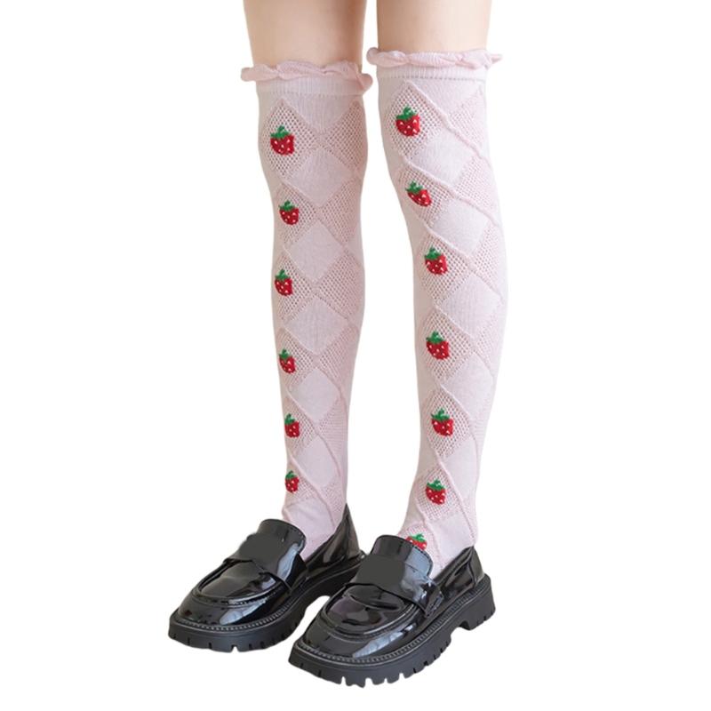 Baby Girls Long Tube Socks Spring Autumn Summer Thin Kids Strawberry Printed Socks Over Knee Length Stockings