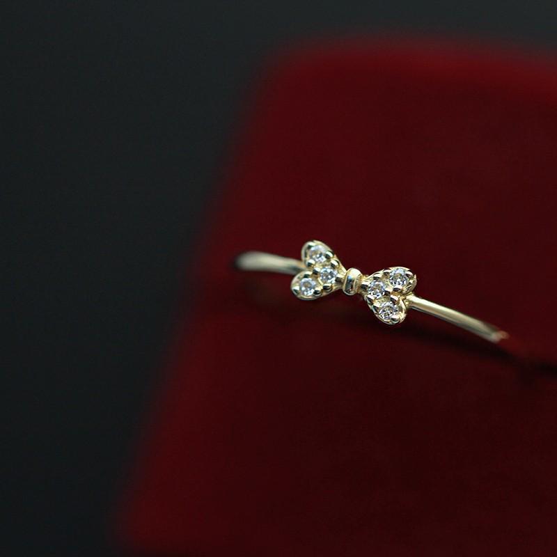 14K Gold-Plated S925 Sterling Silver Zircon Bow Knot Pinky Ring for Women