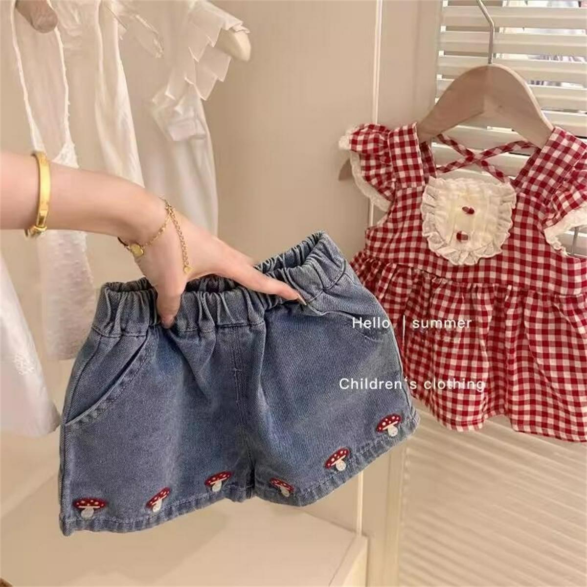 Girls Summer Korean Plaid Cap Sleeve Shorts Set 80