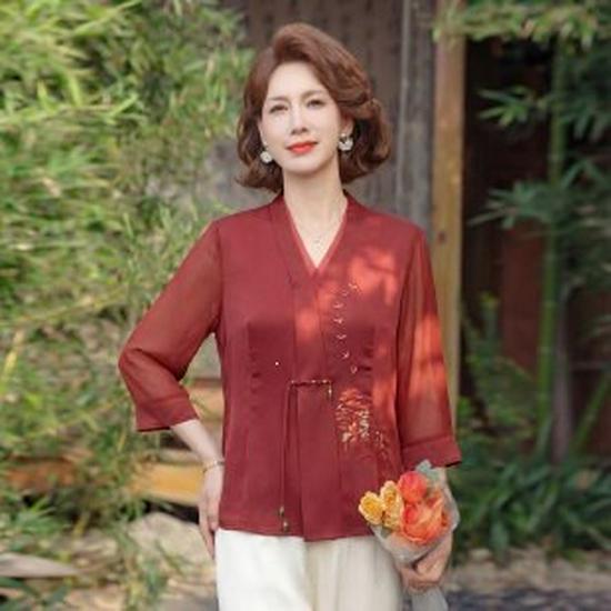 Mom s Stylish Spring 2026 Seven-Sleeve Chiffon Shirt for Women - Elegant Summer Top for Middle-Aged & Elderly 2XL красный