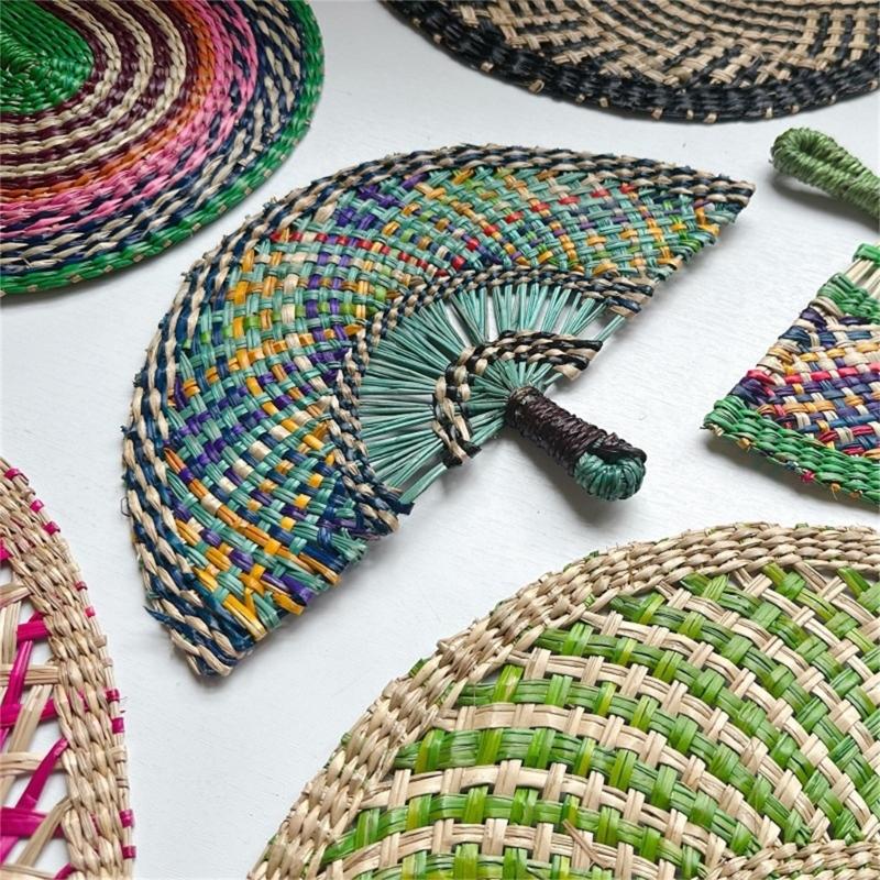 Unique Hand Woven Grass Cooling Fan Colorful Straw Fan Essential for Vacation and Elegant Home Decoration