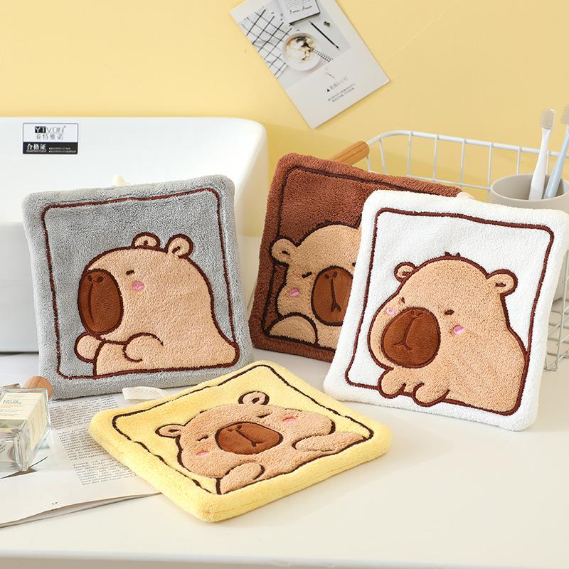 Cute Capybara Hand Towel Soft Double Layer Thick Absorbent Coral Fleece Hanging Towel Household Absorbent Towels Wipe Dishcloth