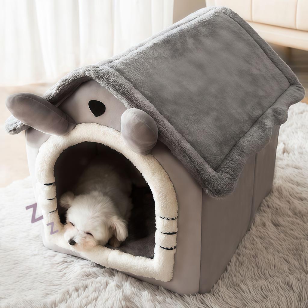 Dog Bed Cat House Gray Soft Plush Detachable Semi Enclosed Foldable Warm Cat Villa Pet Dog Nest Four Season Universal Cat Bed