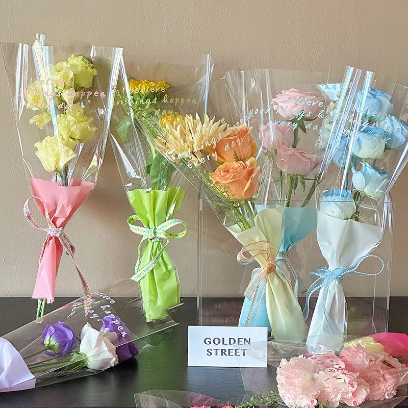 50 pezzi di buste per fiori con maniche a rosa singola, sacchetti per bouquet, in cellophane trasparente, involucri floreali per San Valentino