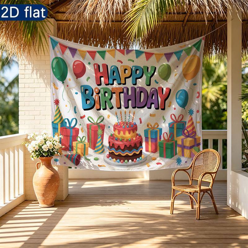 Floral Balloons Cake Birthday Banner for Party Decor, Polyester Backdrop for Photo Booth & Wall Art