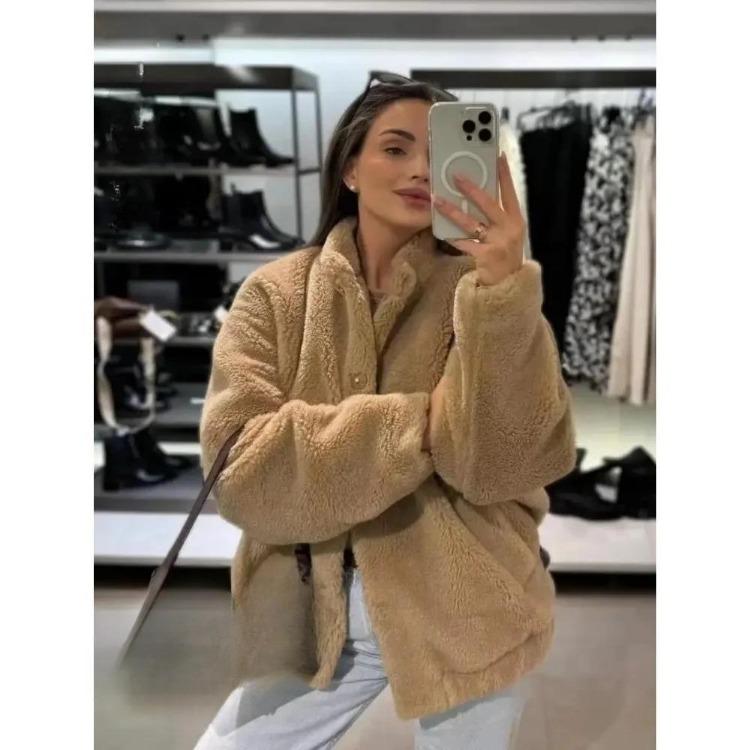 Warm Plush Fleece Bomber Jacket for Women Winter Autumn Stand Collar Coat Long Sleeve with Pockets New Outerwear