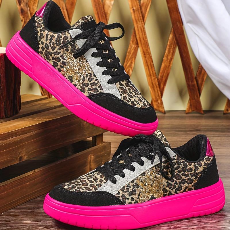 Women's Multi-Color Sneakers Neon Pink/Golden Glitter Low-Top Lace-Up EVA Cushion Leopard Print All-Season Casual Vacation Work Parties