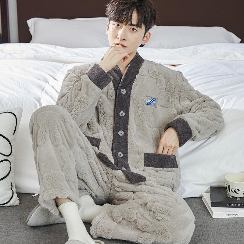 Men's Thick Coral Fleece Stand-Up Collar Zipper Pajamas - Warm Long Sleeve Homewear for Autumn & Winter