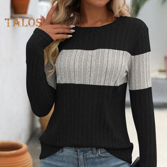 Dámské topy s kulatým výstřihem, dlouhým rukávem, barevný blok, žebrované pletací topy, volný střih, ležérní, svetrové topy, denní nošení