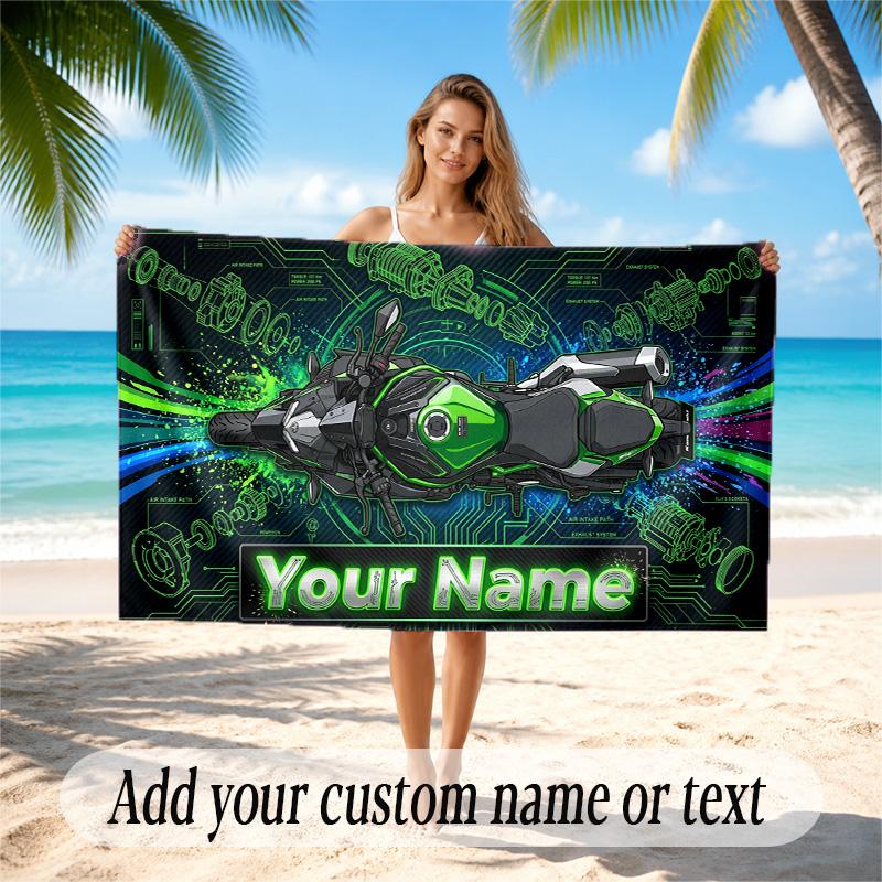 Motorcycle Biker Theme Quick Dry Beach Towel Custom Name Text Print Large Sand Resistant Towel Beach Vacation