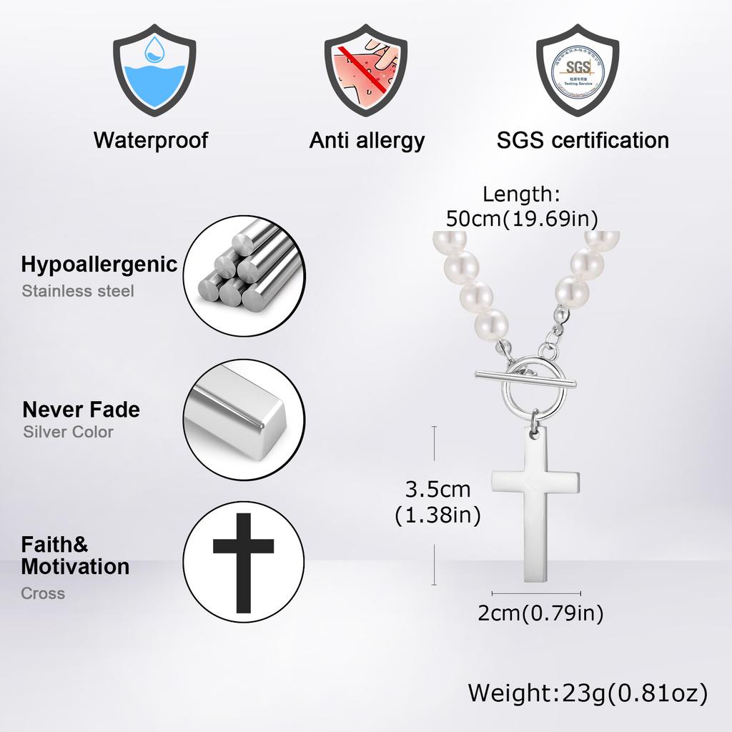 Vnox Stainless Steel Cross Pendant Necklace for Men Women, Imitation Pearl Beaded Chain Collar, Religion Faith Prayer Jewelry