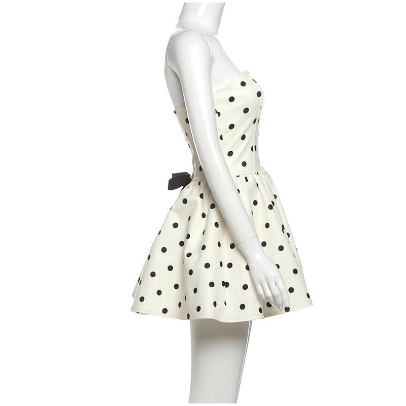 Gepunktetes Flauschiges Trägerloses Kleid Vintage Slim Fit Sexy Robe Rückenschleife Rückenfrei Schulterfrei Mode Elegant Damen Kurze Kleider