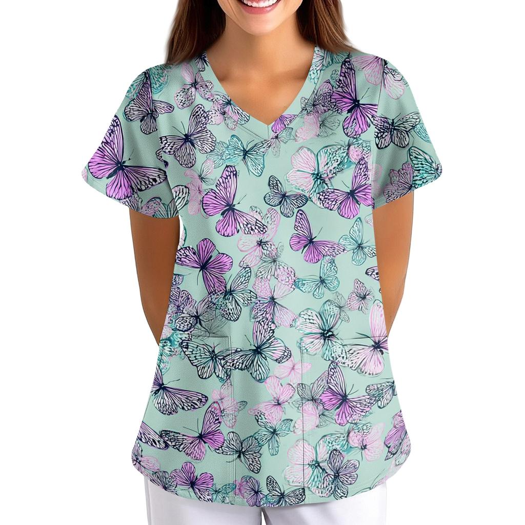 Women's V Neck Floral Print Short Sleeve Medical Scrub Top with Pocket Vintage Style Comfortable Fit Nursing Workwear