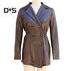 Women Coat Elastic Slim Waist Smooth Surface Faux Leather Turn-down Collar Jacket Mid Length Solid Color Double-breasted Outerwear