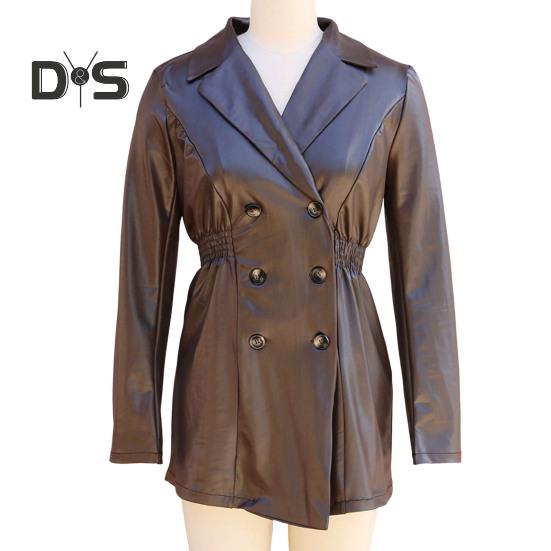 Women Coat Elastic Slim Waist Smooth Surface Faux Leather Turn-down Collar Jacket Mid Length Solid Color Double-breasted Outerwear