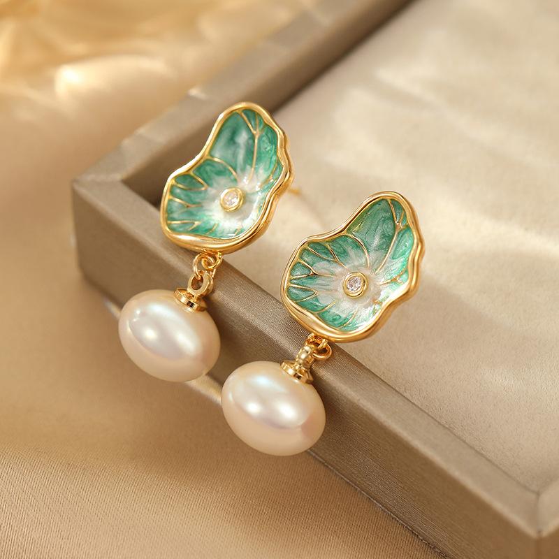 Neue fähige Luxus Neue Chinesische Ölmalerei Lotusblatt Perlenohrringe Damen Geschenke Bankettschmuck 2024