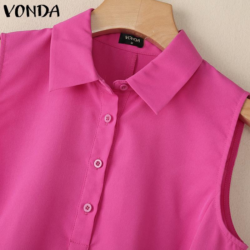 VONDA Women Summer Sleeveless Lapel Neck Buttons Slim Waist Casual Thin Mini Dress