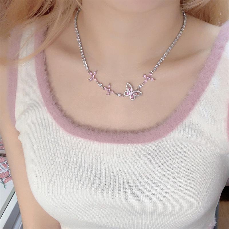 Sweetheart Sakura Pink Asymmetric Butterfly Necklace - Trendy Fairy Collarbone Chain for Women