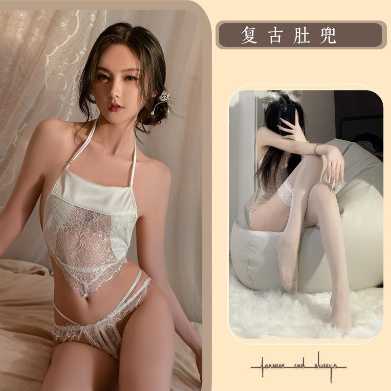 Vintage lingerie sexy pure desire belly pocket hot open crotch lace pajamas free passion temptation suit