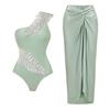 1011 European and American swimwear new fresh green beads embroidered solid color one-piece swimsuit women's explosion 11011