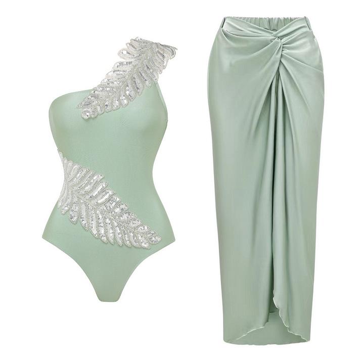 1011 European and American swimwear new fresh green beads embroidered solid color one-piece swimsuit women's explosion 11011